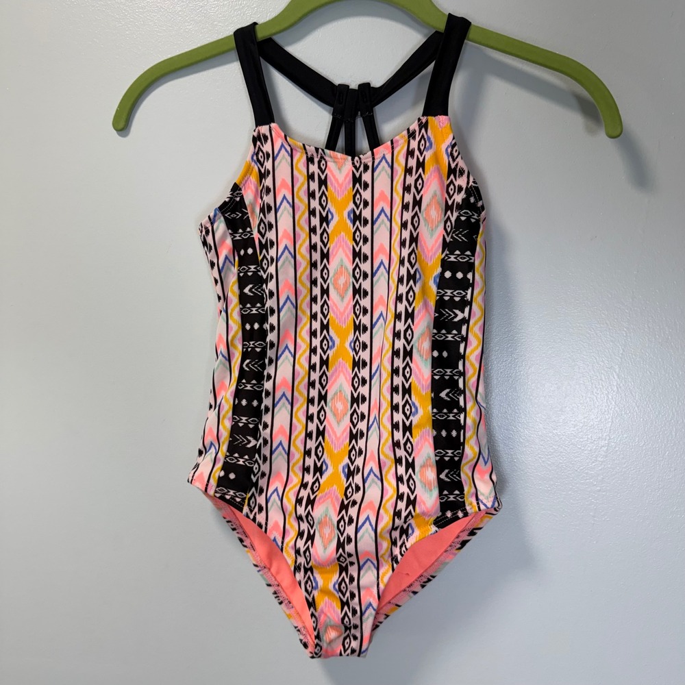 Wonder Nation Girls One Piece Swimsuit Tribal Print Racerback Orange 6-6X